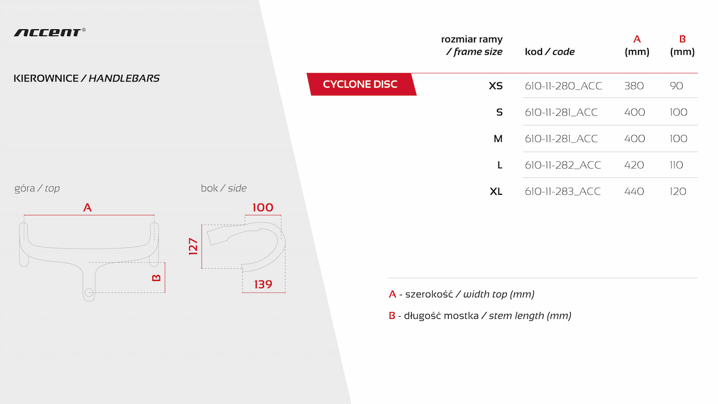 Zestawienie wymiarów kierownicy w ramie szosowej Accent Cyclone Disc Carbon