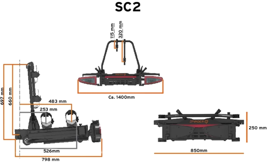 Wymiary bagażnika na hak Spinder SC2
